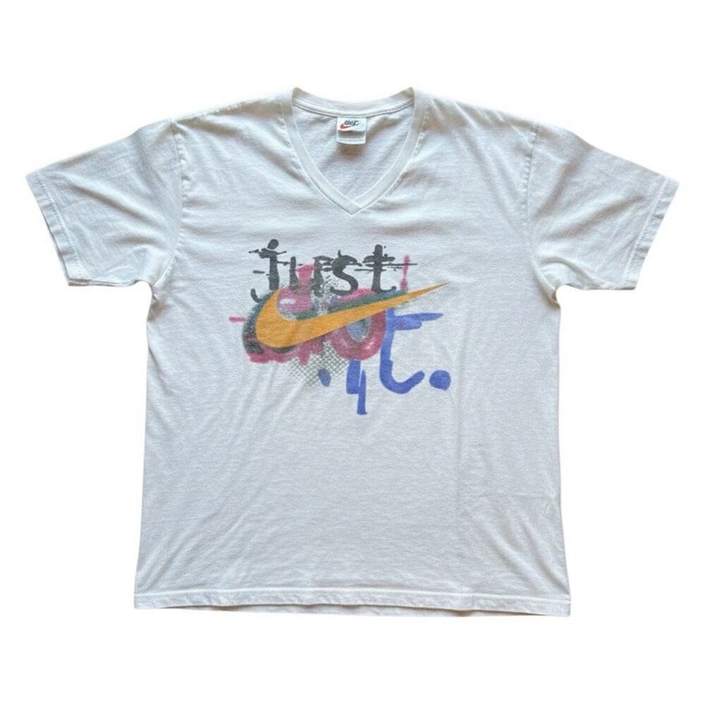 Vintage 90s Nike Just Do It Graphic T Shirt Made USA White V Neck Mens L K05